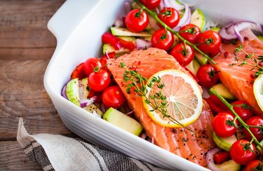 Mediterranean diet meal plan with fresh delicious salmon and vegetables